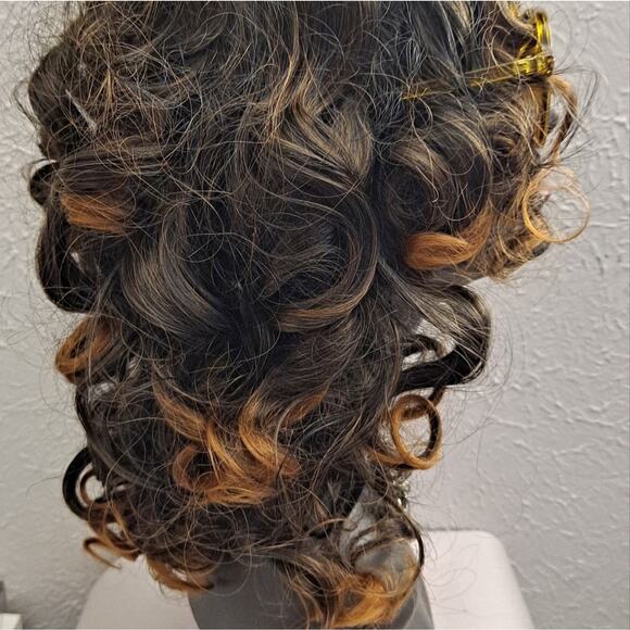 Curly Wig Bouncy Synthetic Women Ombre Blonde Brown Adjustable Combs - Picture 7 of 8